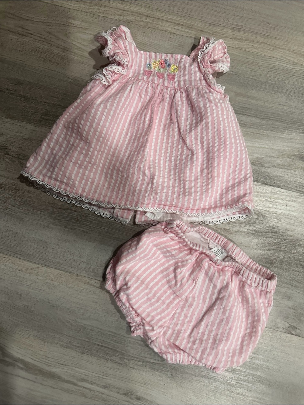 Little Me Pink & White Striped matching set with floral embroidery